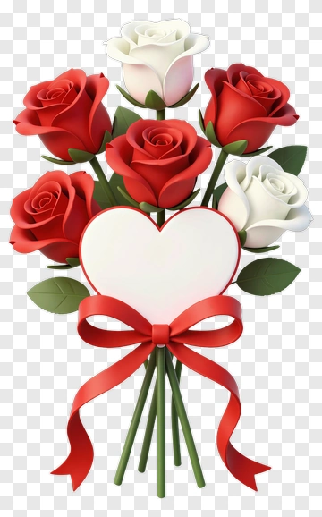 Red And White Rose Bouquet With Heart And Ribbon PNG