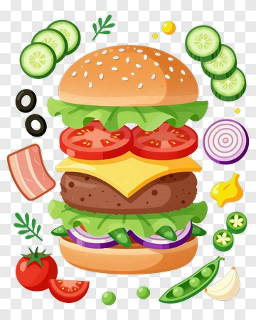Cartoon Style Hamburger With Fresh Ingredients PNG