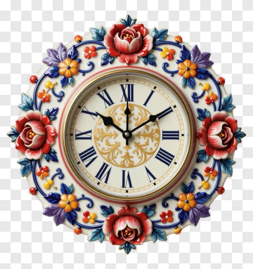 Ornamental Clock With Floral Design PNG
