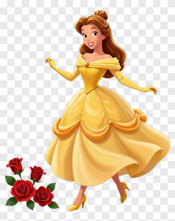Belle In Yellow Dress With Red Roses PNG