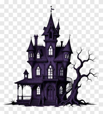 Purple Haunted House With Spooky Tree PNG