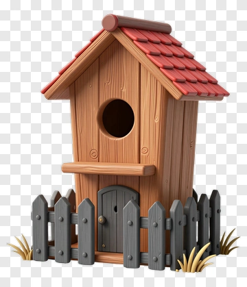 Cozy Wooden Birdhouse With Fence PNG