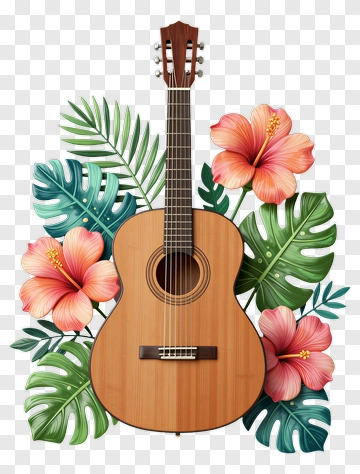 Acoustic Guitar With Tropical Flowers PNG
