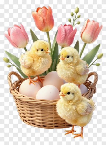 Three Yellow Chicks With Pink Tulips PNG