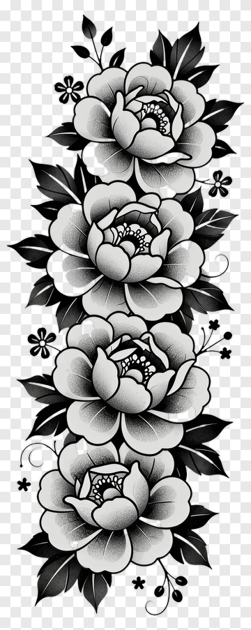 Vertical Tattoo Style Roses And Leaves PNG