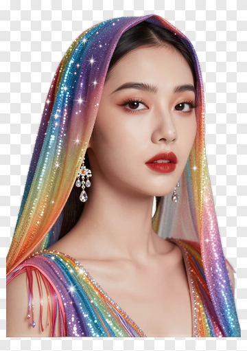 Woman In Rainbow Sparkle Veil PNG
