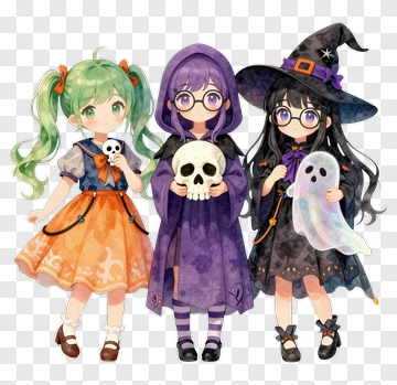 Three Halloween Girls In Costumes PNG