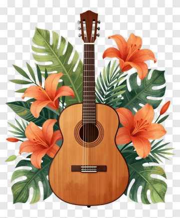 Acoustic Guitar Surrounded By Tropical Flowers PNG