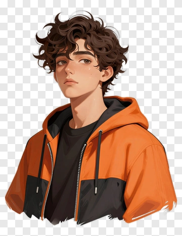 Young Man With Curly Hair In Orange Hoodie PNG