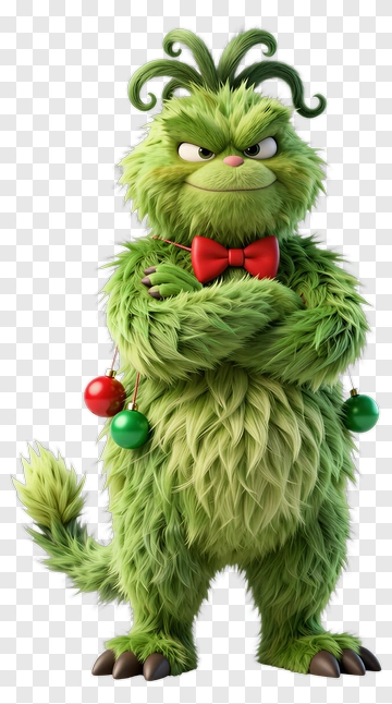 Grinch With Red Bow Tie And Ornaments PNG