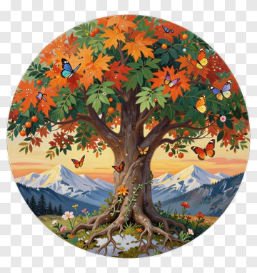 Tree With Butterflies And Mountains PNG