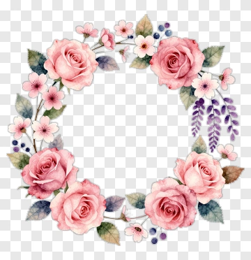 Pink Flower Wreath With Green And Purple Accents PNG