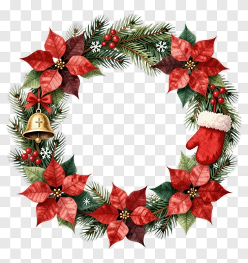 Christmas Wreath With Poinsettias And Berries PNG