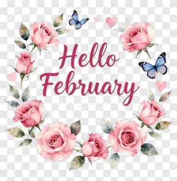 Hello February With Roses And Butterflies PNG