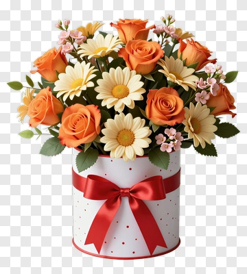 Orange And Yellow Flower Bouquet In Gift Box PNG