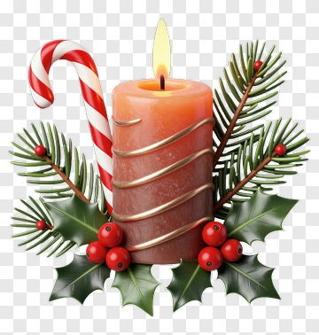 Lit Candle With Candy Cane And Holly PNG