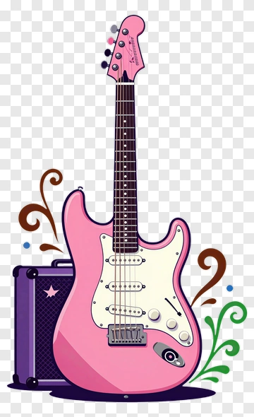 Pink Electric Guitar With Purple Amp PNG