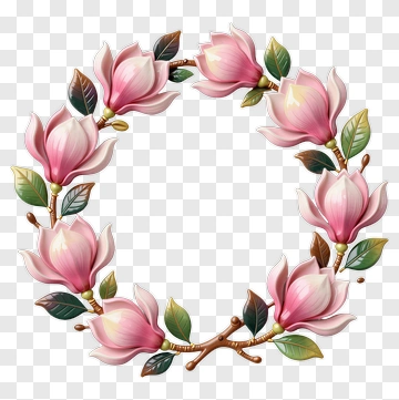 Pink Magnolia Wreath With Green Leaves PNG