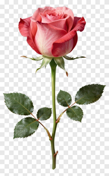 Pink Rose With Green Stem And Leaves PNG