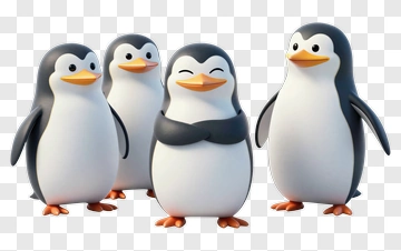 Four Cartoon Penguins Standing Together PNG