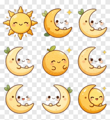 Cute Sun Moon And Orange Characters PNG