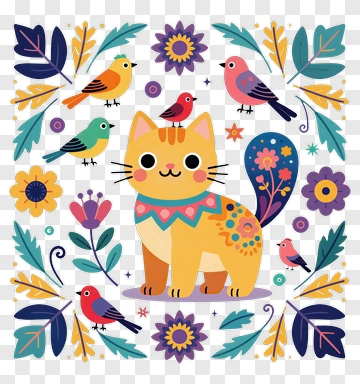Cute Cat With Colorful Birds And Flowers PNG