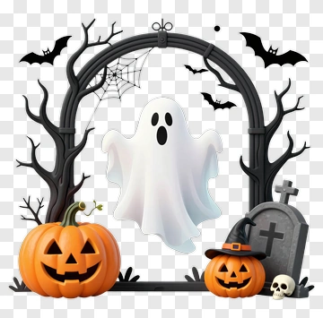 Spooky Halloween Ghost And Pumpkins PNG