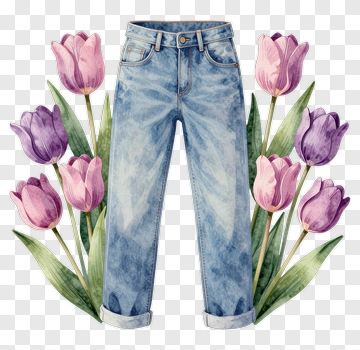 Blue Jeans With Pink And Purple Tulips PNG