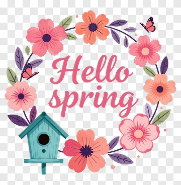 Hello Spring Flower Wreath With Birdhouse PNG