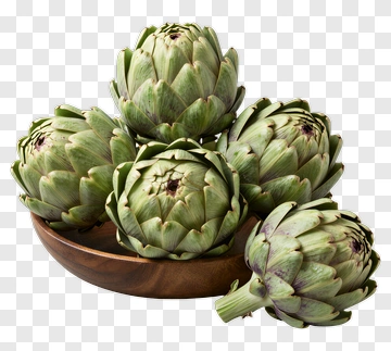 Fresh Artichokes In Wooden Bowl PNG