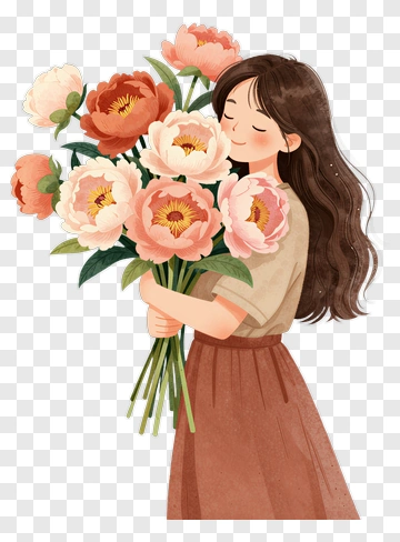 Woman Holding Peonies Bouquet PNG