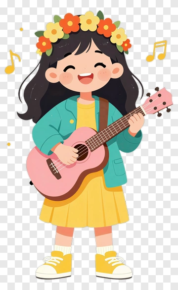 Happy Girl Playing Ukulele With Flower Crown PNG