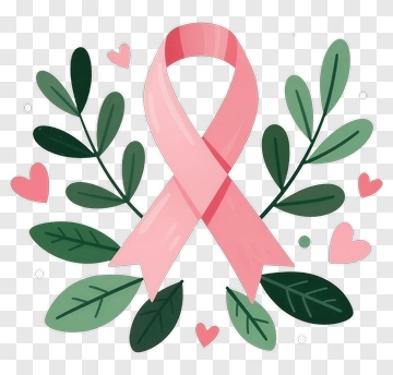Breast Cancer Awareness Ribbon With Leaves And Hearts PNG