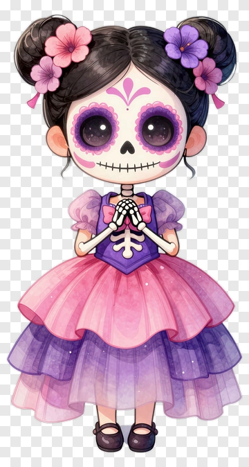 Sugar Skull Girl In Pink Dress PNG
