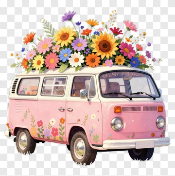 Pink Van With Flower Bouquet PNG