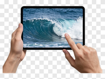 Hands Holding Tablet Displaying Ocean Wave PNG