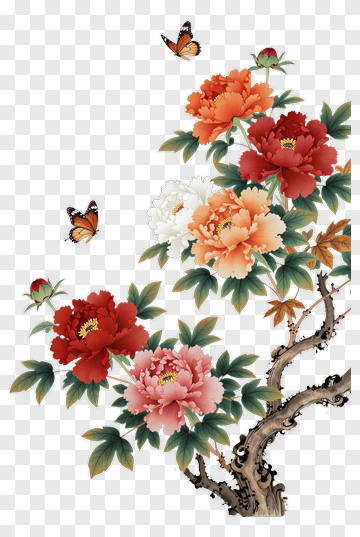 Peony And Butterfly In Traditional Art PNG