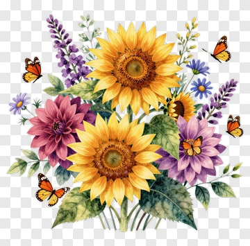 Watercolor Flower Bouquet With Butterflies PNG