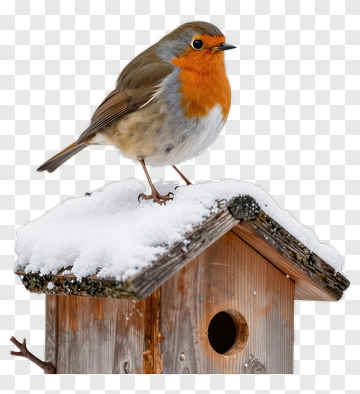 Robin On A Snowy Birdhouse PNG