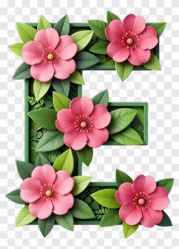 Letter E With Pink Flowers And Green Leaves PNG