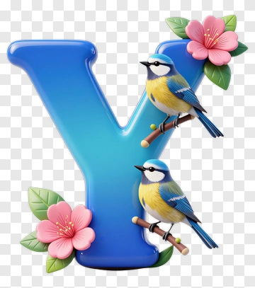 Blue Bird Perched On Letter Y With Pink Flowers PNG