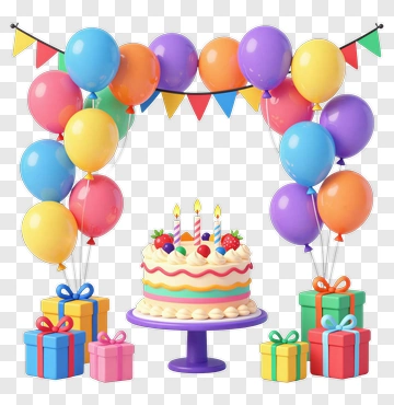 Birthday Cake With Balloons And Gifts PNG