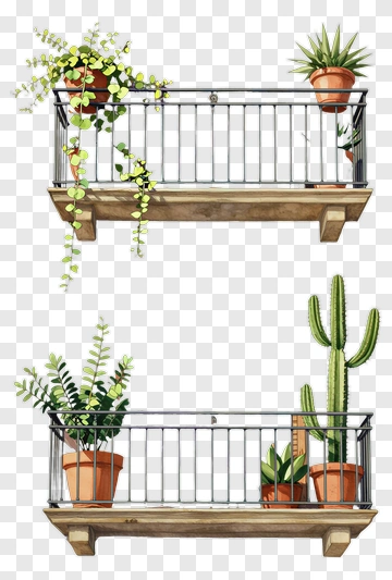Balcony With Potted Plants And Cactus PNG