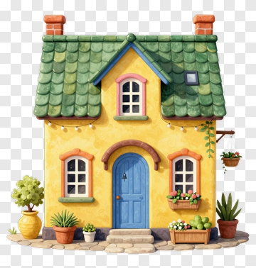 Yellow House With Green Roof PNG