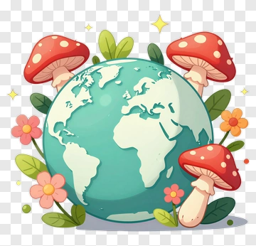 Earth Surrounded By Mushrooms And Flowers PNG
