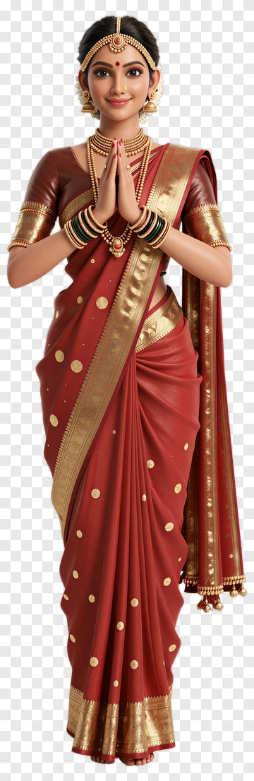 Woman In Traditional Red Sari With Gold Embellishments PNG