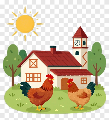 Chickens In Front Of Farmhouse PNG