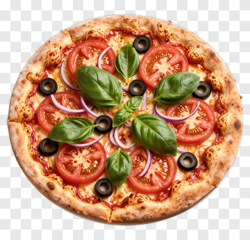 Pizza With Tomatoes Basil And Olives PNG
