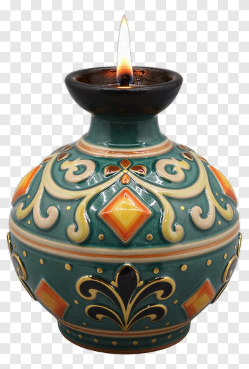 Ornate Ceramic Oil Lamp With Flame PNG