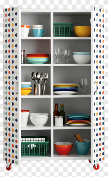 Colorful Kitchen Cabinet With Dishware PNG